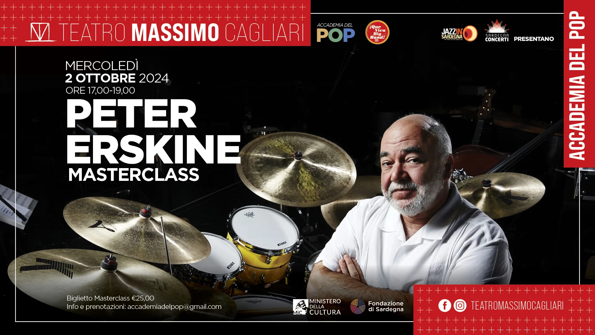 Masterclass di batteria con Peter Erskine il 2 Ottobre 2024 al Teatro Massimo di Cagliari